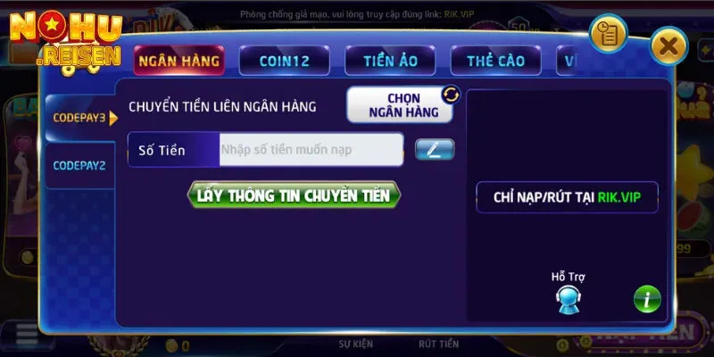 Hướng dẫn nạp tiền RikVip qua Internet Banking